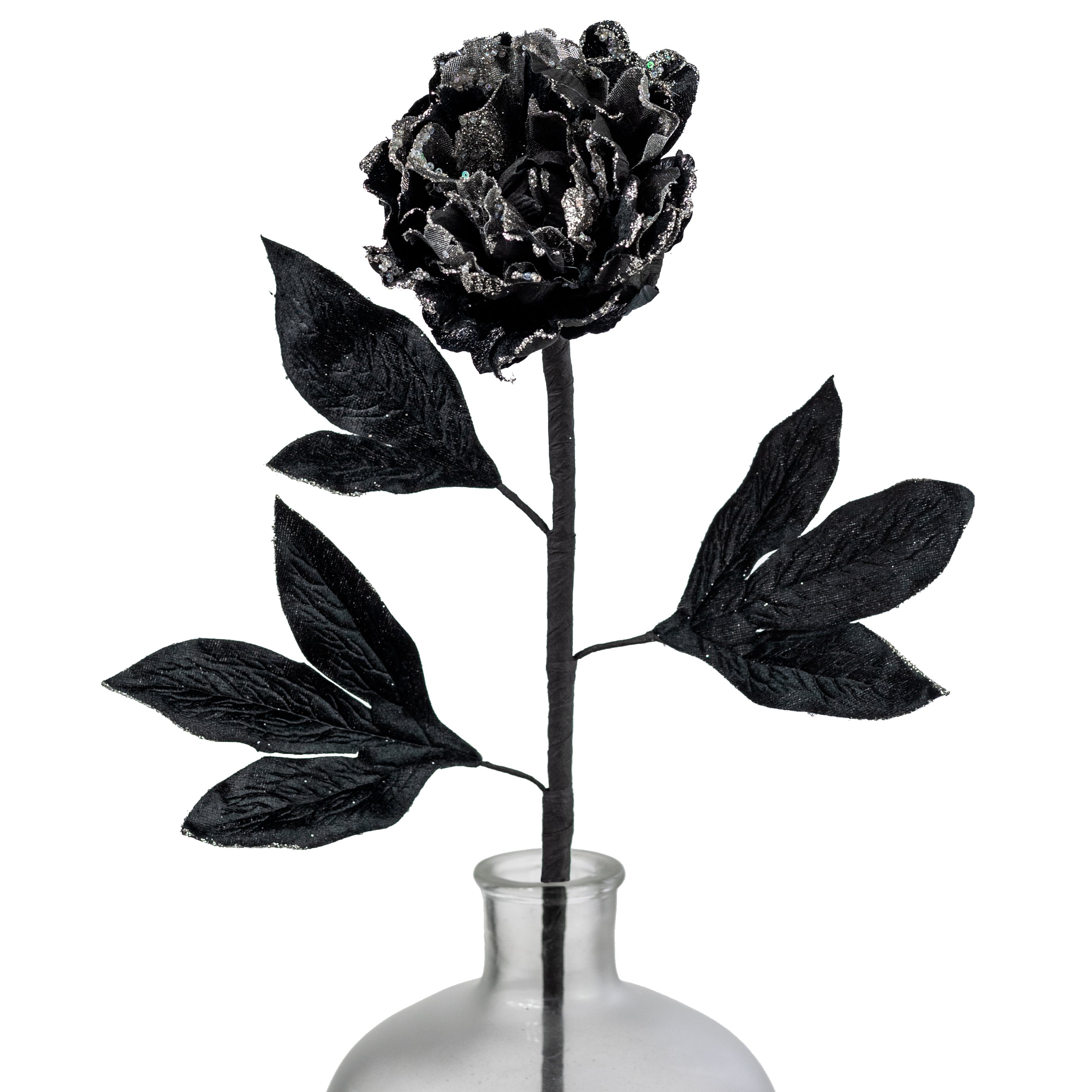 29" Velvet Glittered Peony Stem: Black & Silver