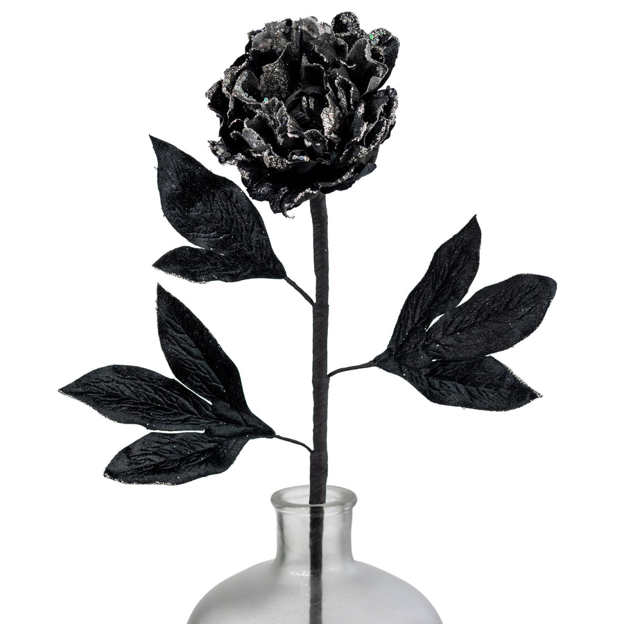 29" Velvet Glittered Peony Stem: Black & Silver