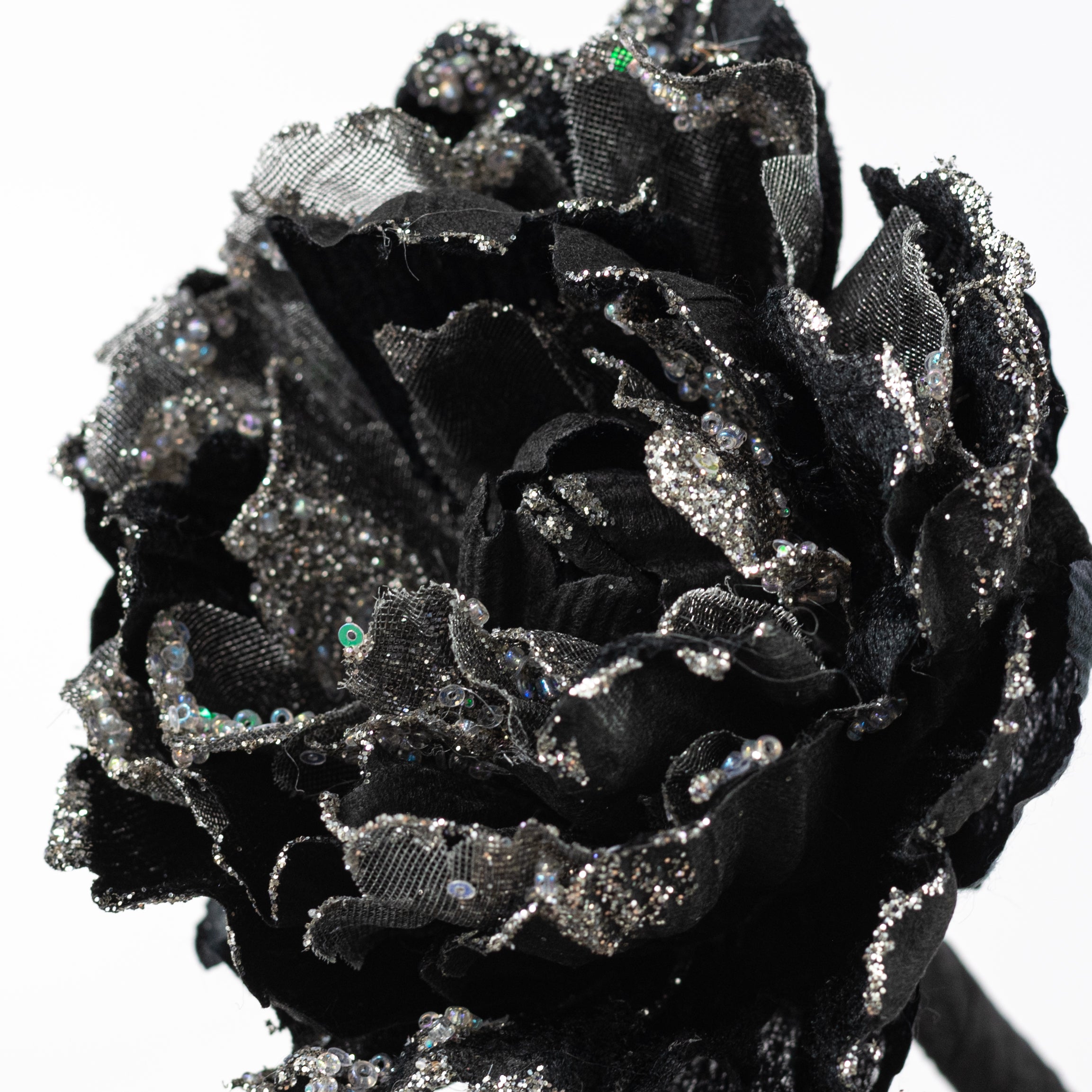 29" Velvet Glittered Peony Stem: Black & Silver