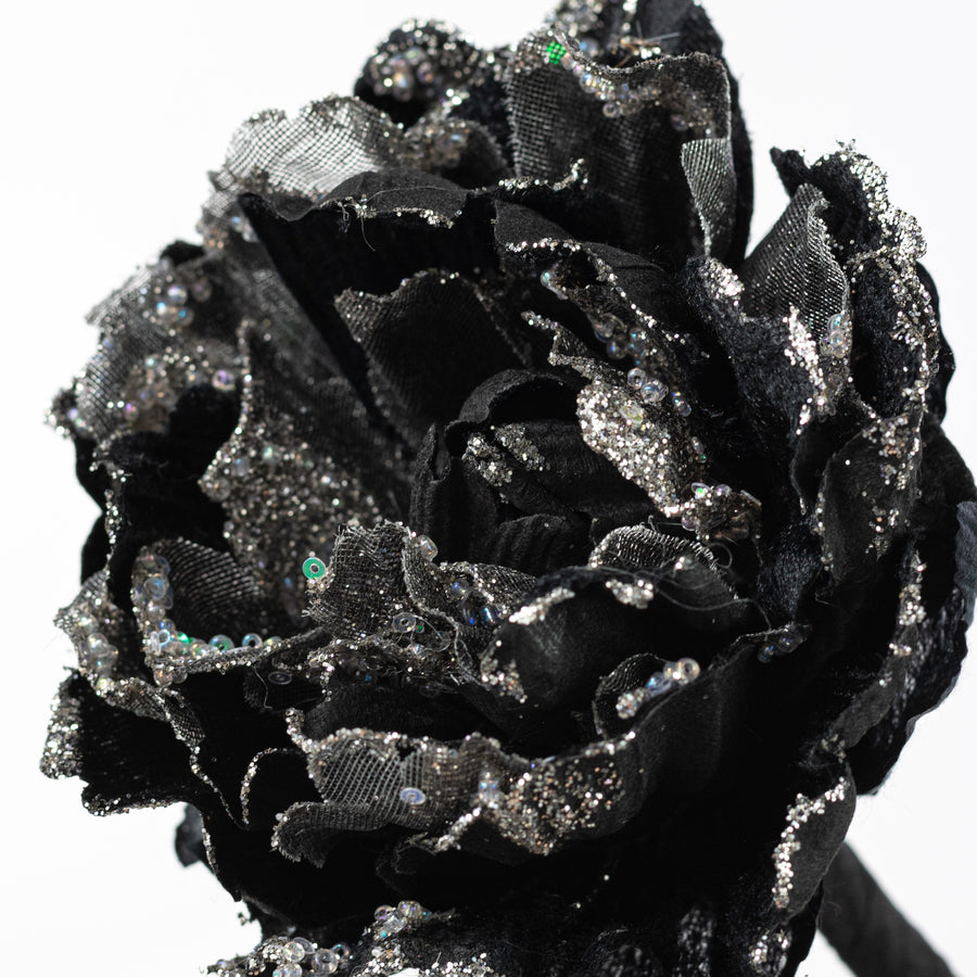 29" Velvet Glittered Peony Stem: Black & Silver