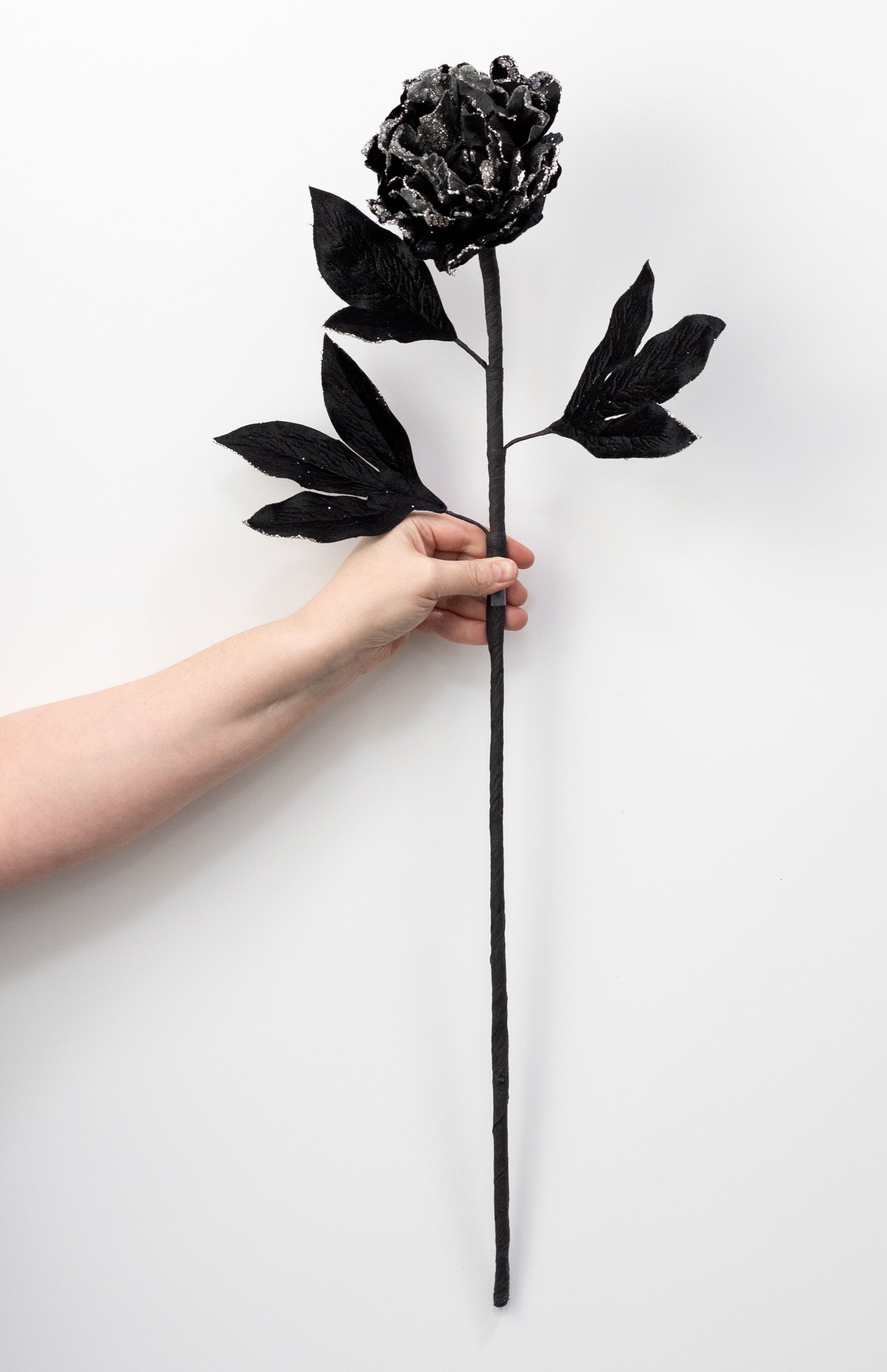 29" Velvet Glittered Peony Stem: Black & Silver