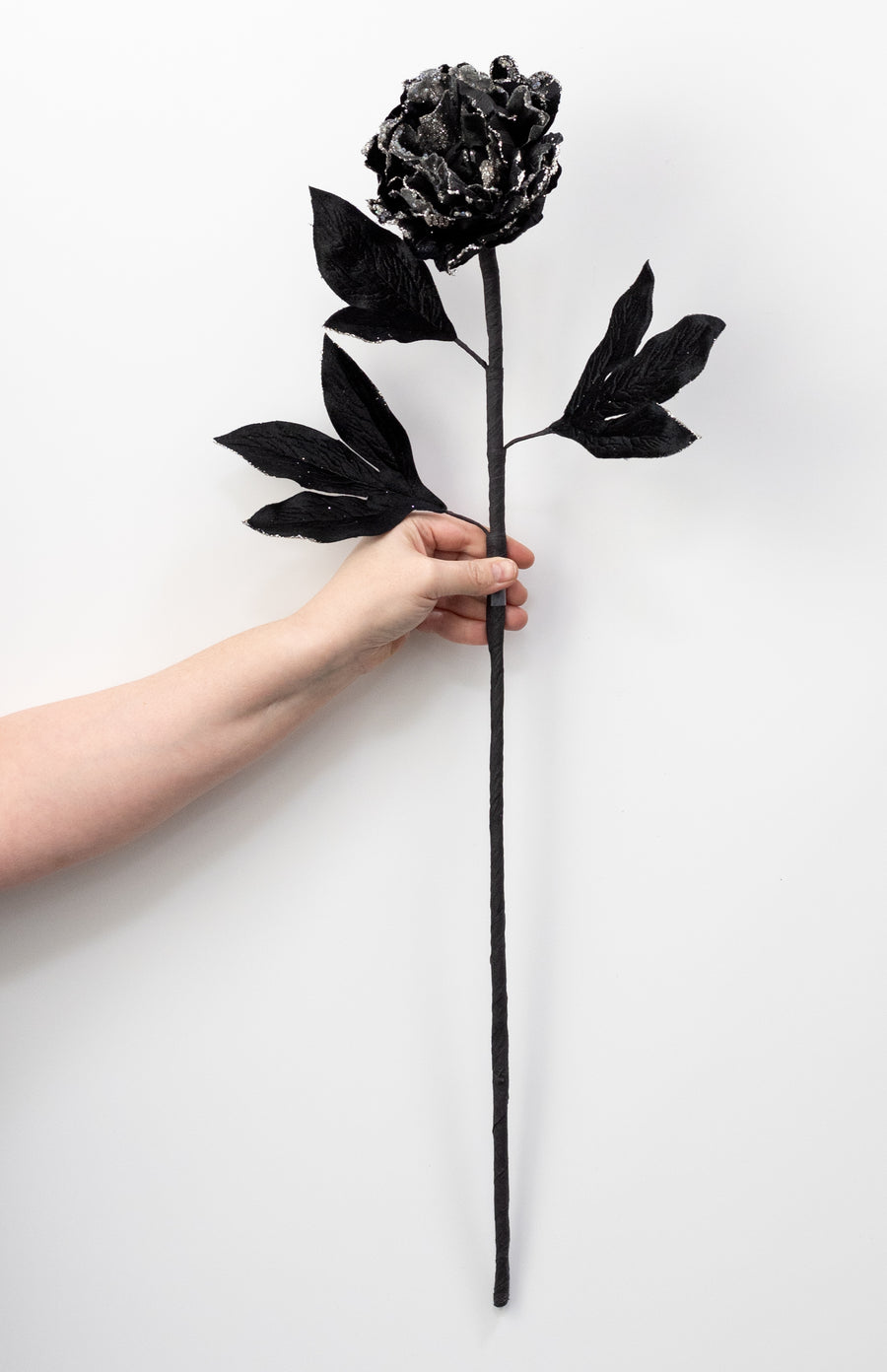 29" Velvet Glittered Peony Stem: Black & Silver