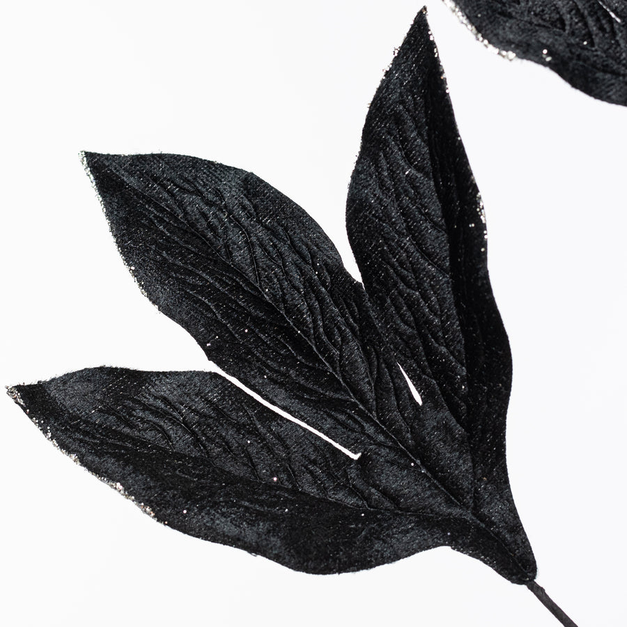 29" Velvet Glittered Peony Stem: Black & Silver