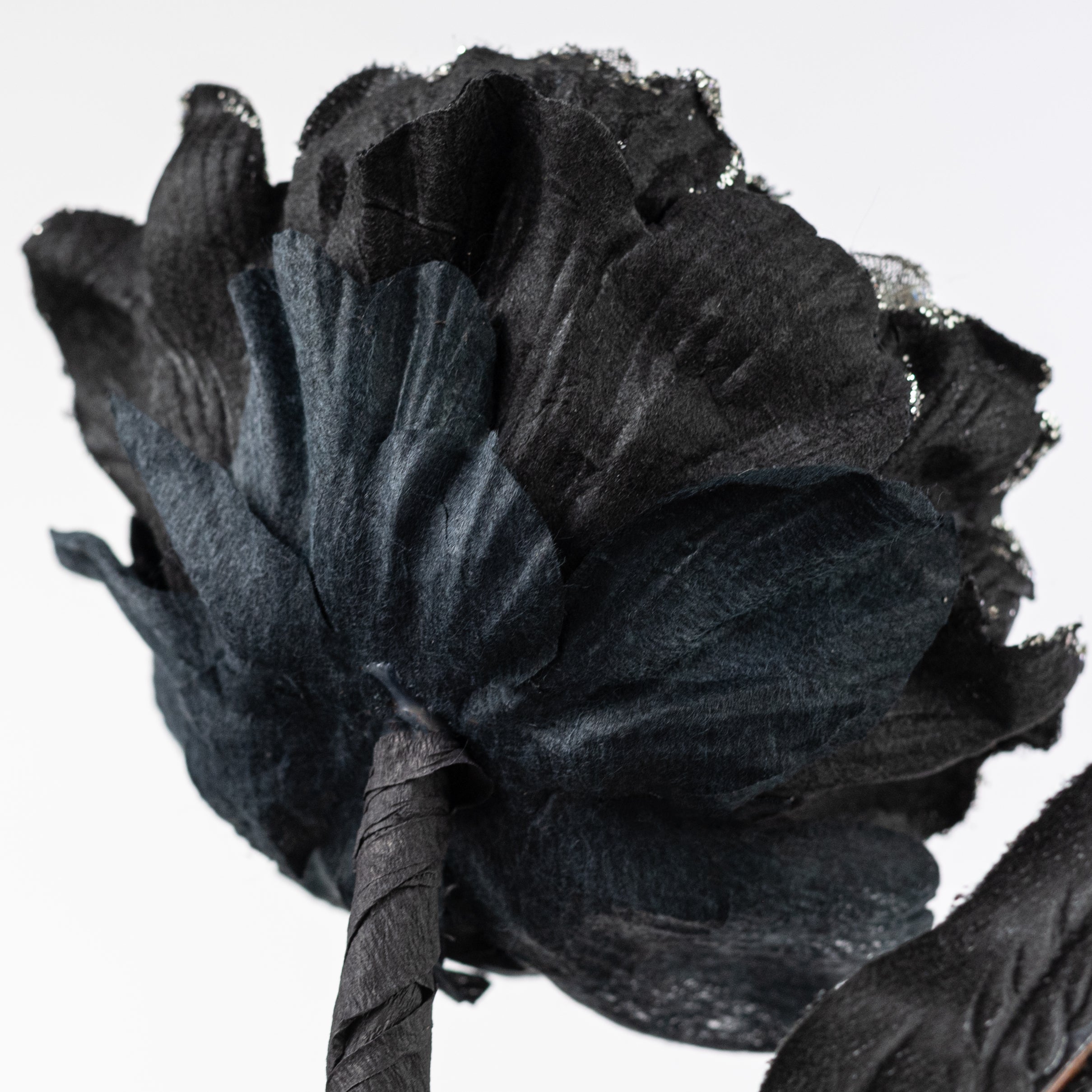 29" Velvet Glittered Peony Stem: Black & Silver