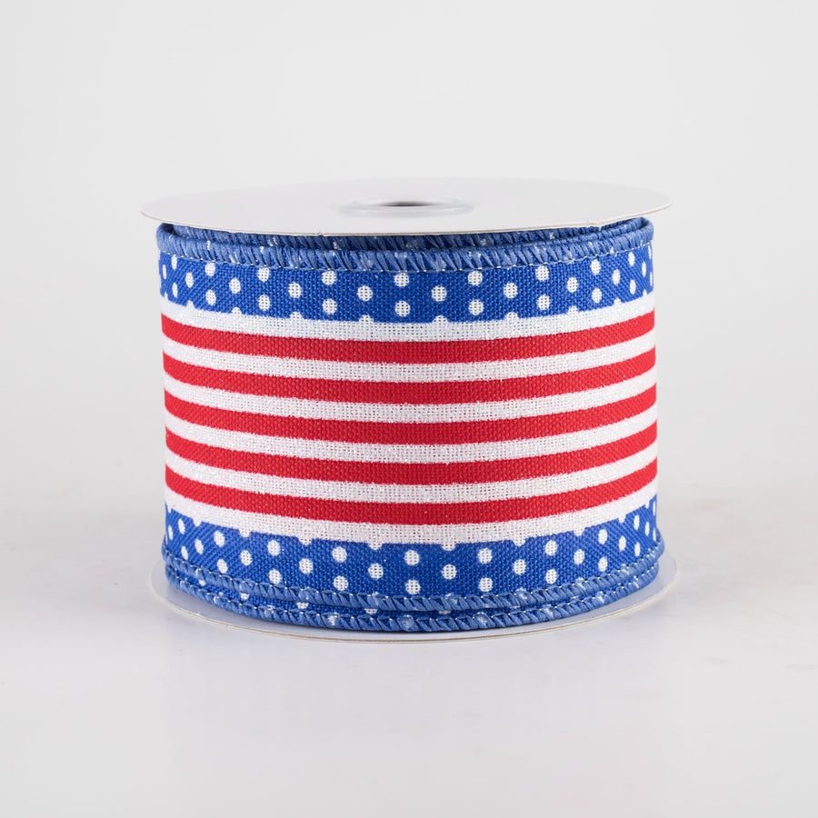 2.5" Vertical Stripe Dot Edge Ribbon: Royal Blue, Red & White (10 Yards)