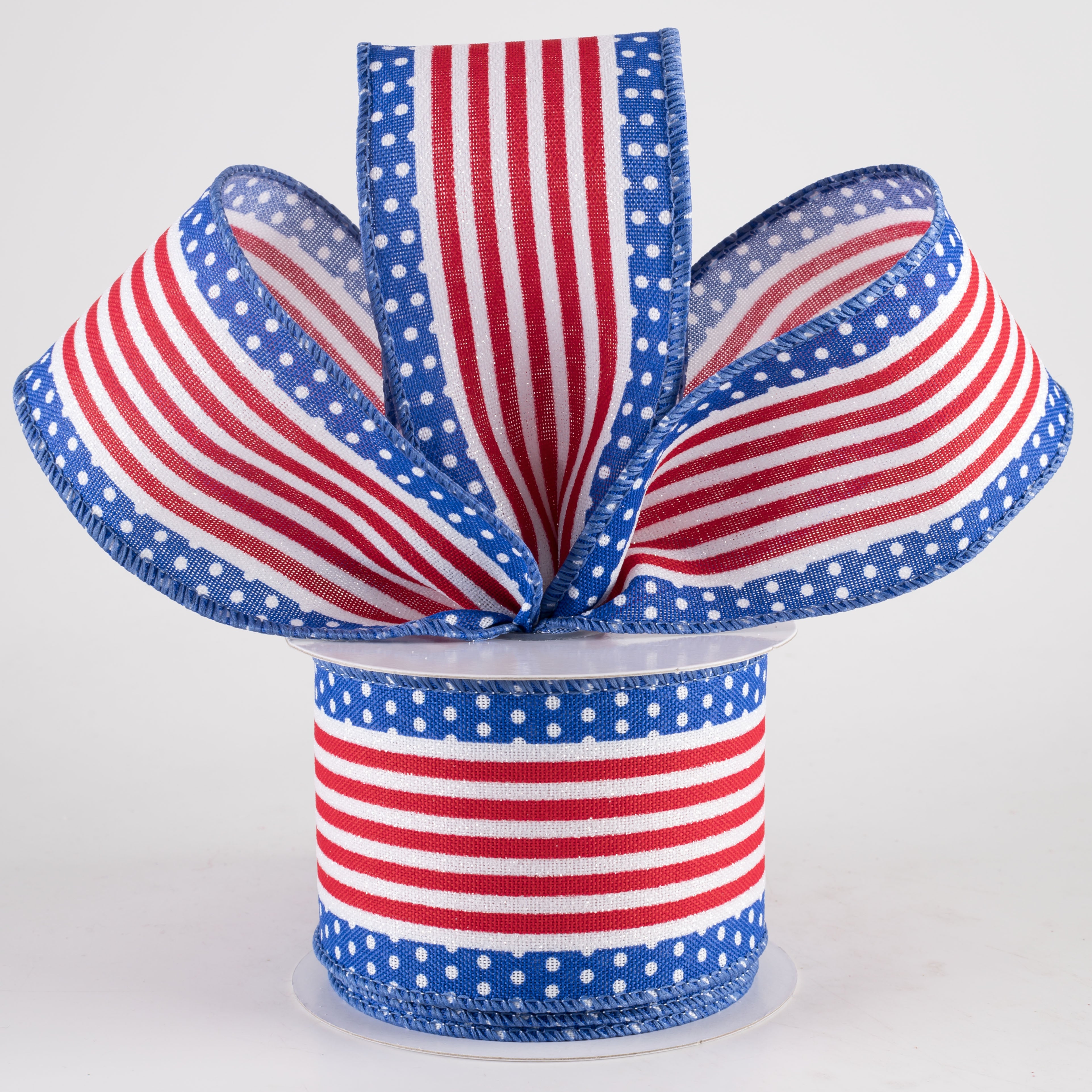 2.5" Vertical Stripe Dot Edge Ribbon: Royal Blue, Red & White (10 Yards)