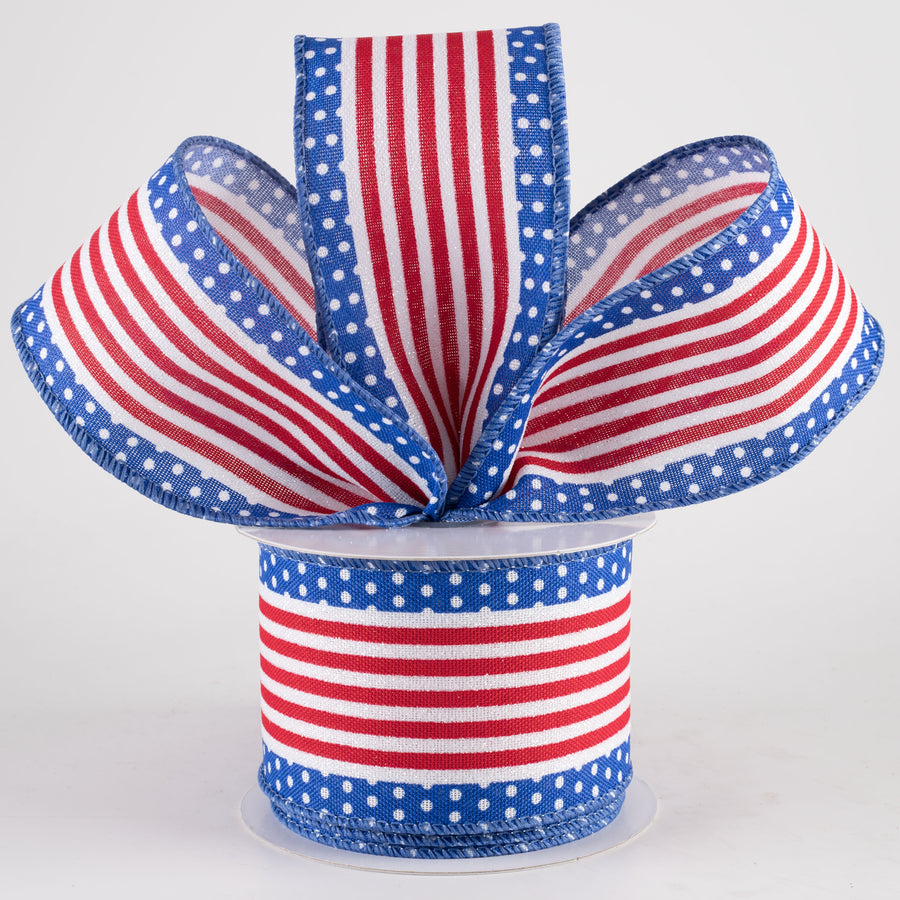 2.5" Vertical Stripe Dot Edge Ribbon: Royal Blue, Red & White (10 Yards)