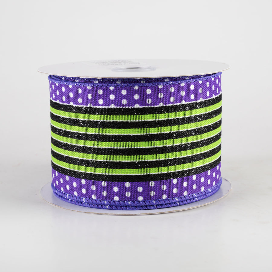 2.5" Vertical Stripe Dot Edge Ribbon: Purple, Green & Black (10 Yards)
