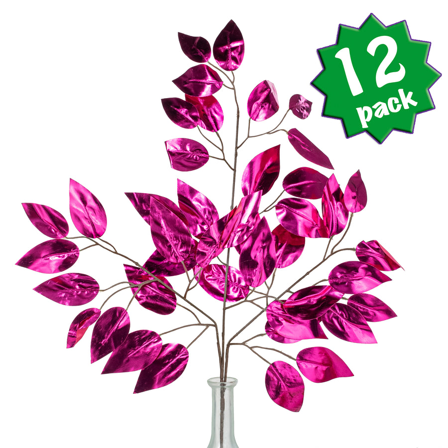 23" Metallic Ficus Leaf Spray: Hot Pink (12)