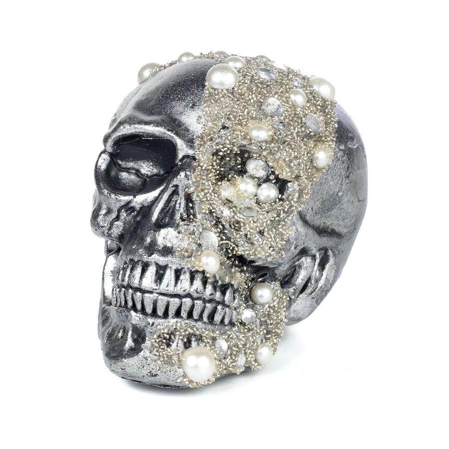 8" Foam Skull with Beads & Glitter: Antique Silver