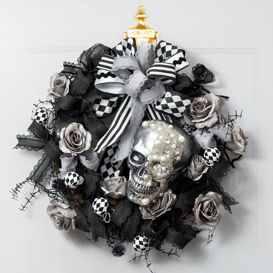 8" Foam Skull with Beads & Glitter: Antique Silver