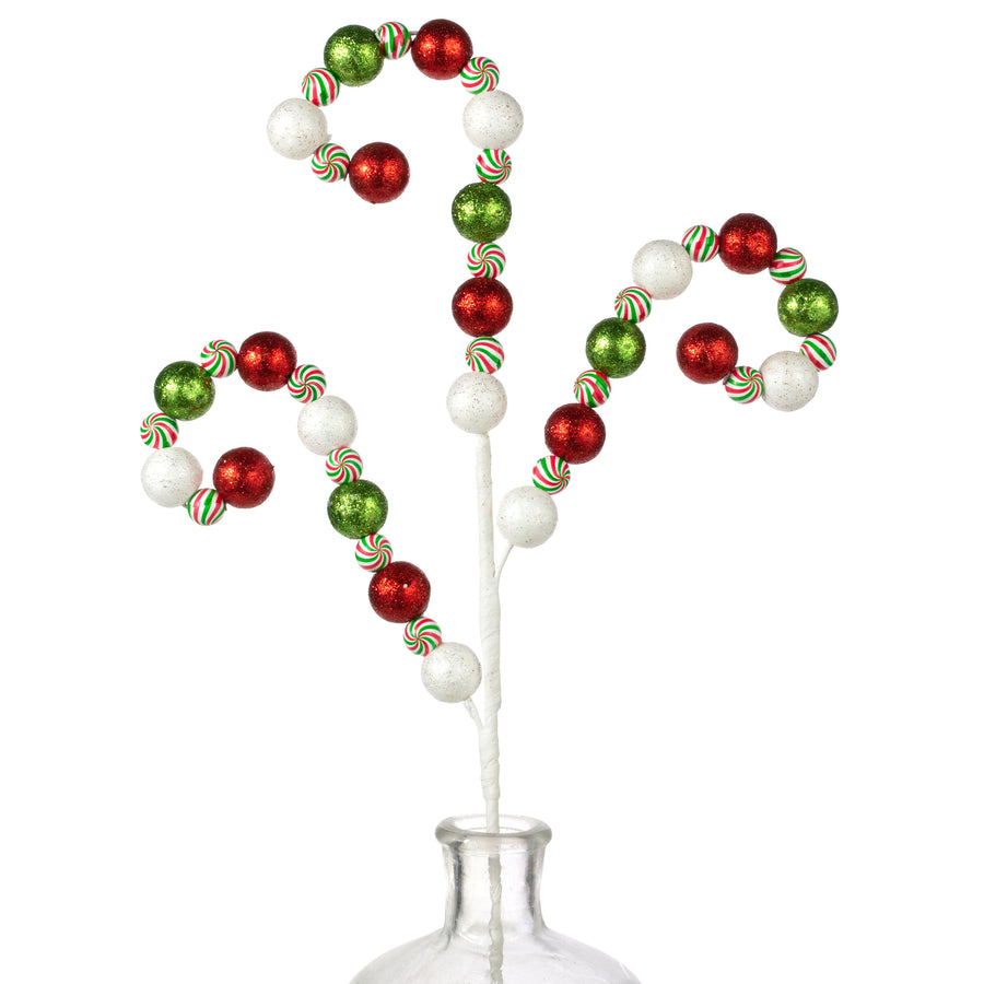 25" Curly Balls Spray: Red, White & Green