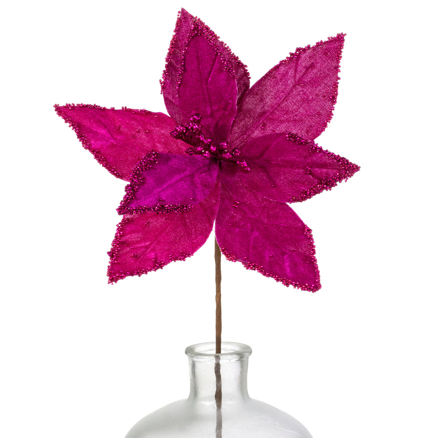 11" x 25" Beaded Velvet Poinsettia Pick: Fuchsia Pink