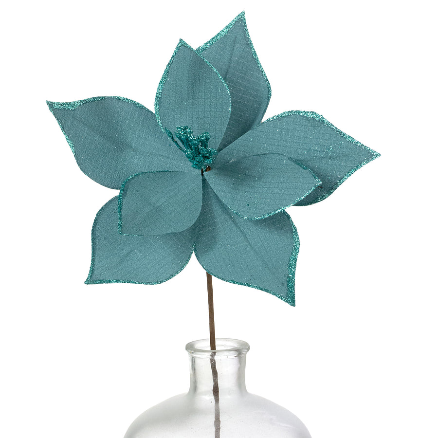 11" x 25" Glittered Fabric Poinsettia Pick: Dusty Teal Blue