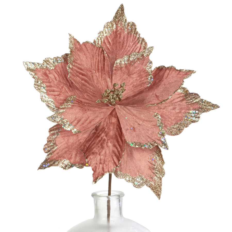 14" x 26" Glittered Velvet Poinsettia Pick: Blush & Champagne