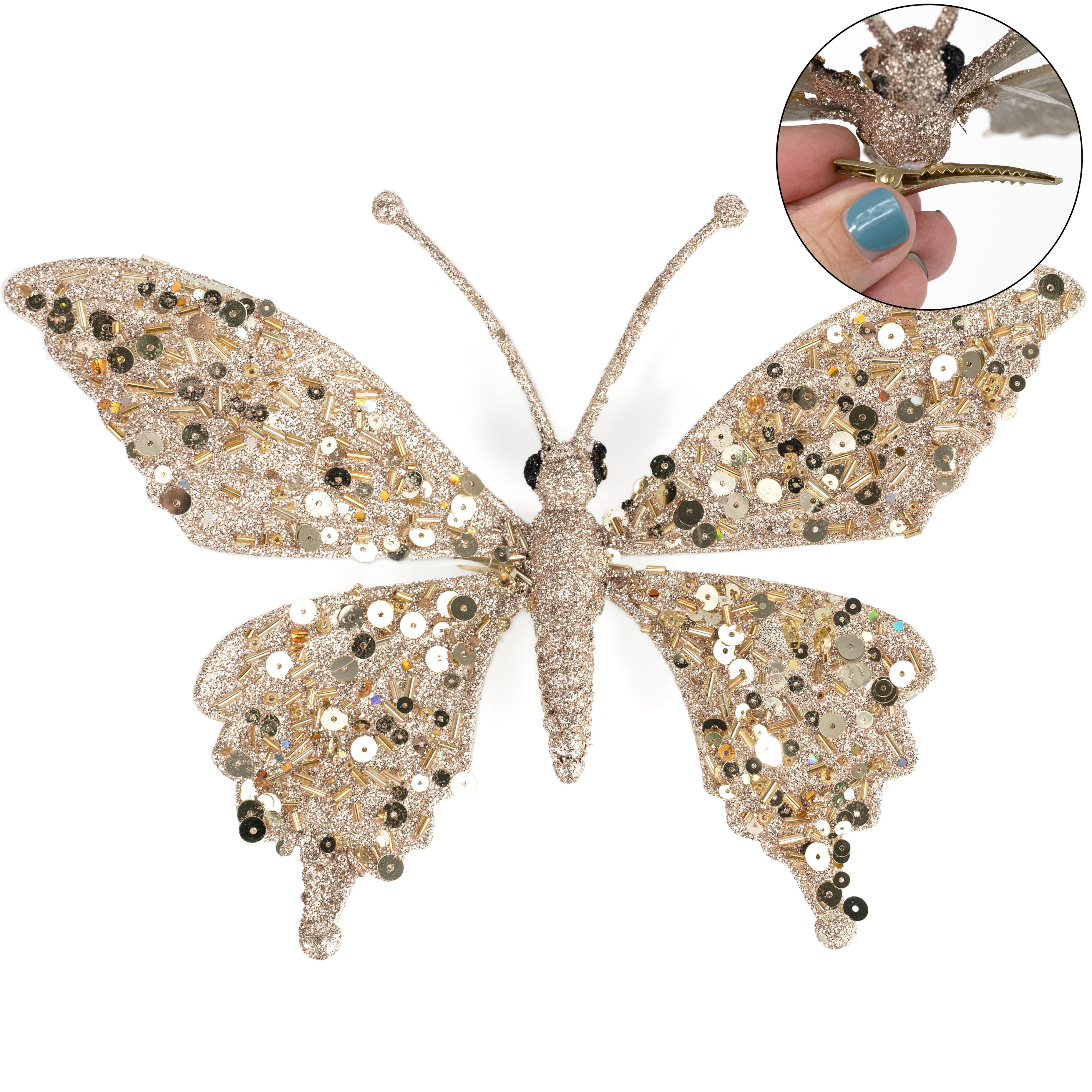 10" Glitter Butterfly Clip Ornament: Champagne Gold