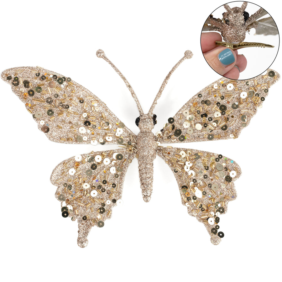 10" Glitter Butterfly Clip Ornament: Champagne Gold