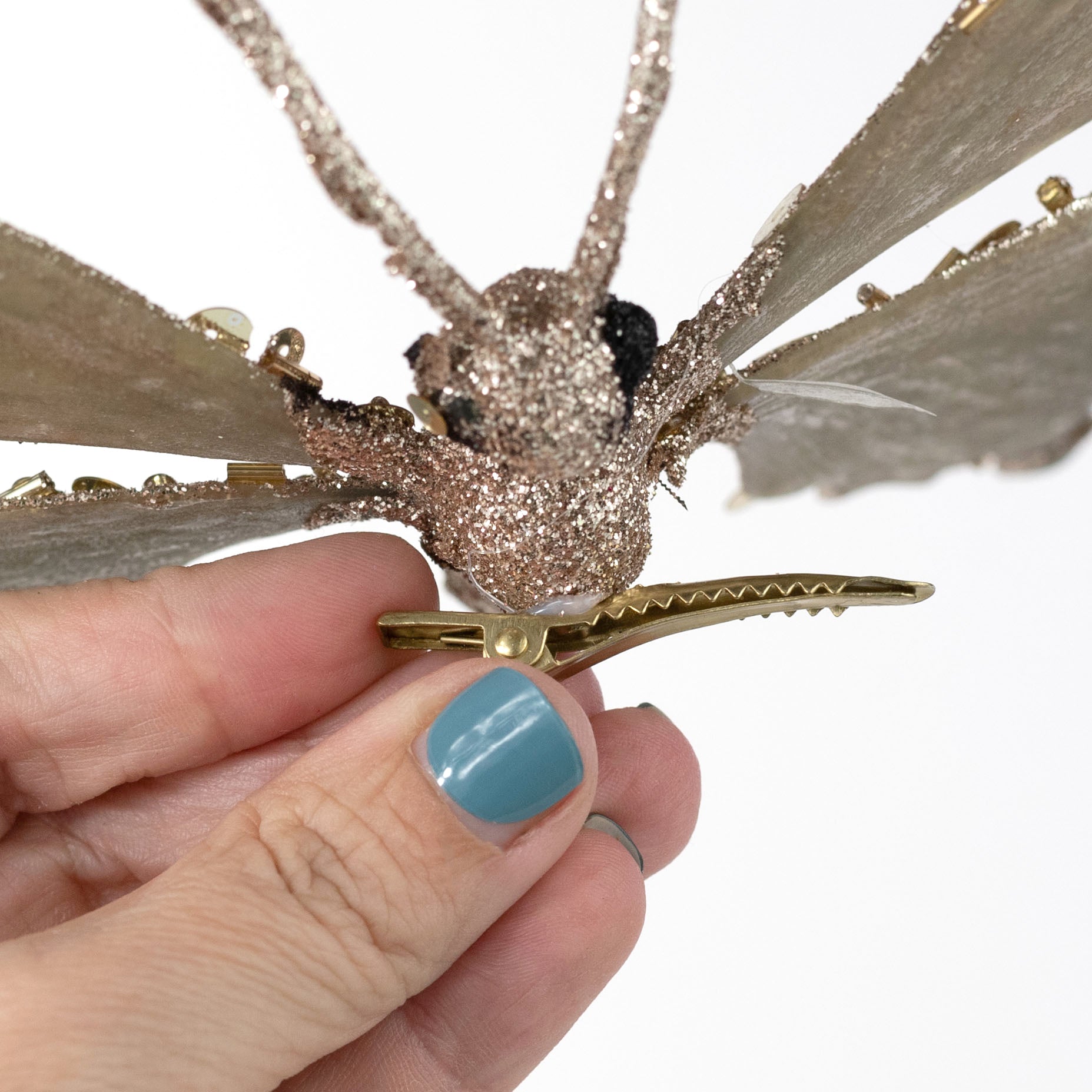 10" Glitter Butterfly Clip Ornament: Champagne Gold