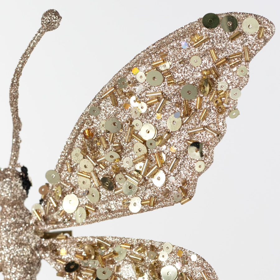 10" Glitter Butterfly Clip Ornament: Champagne Gold