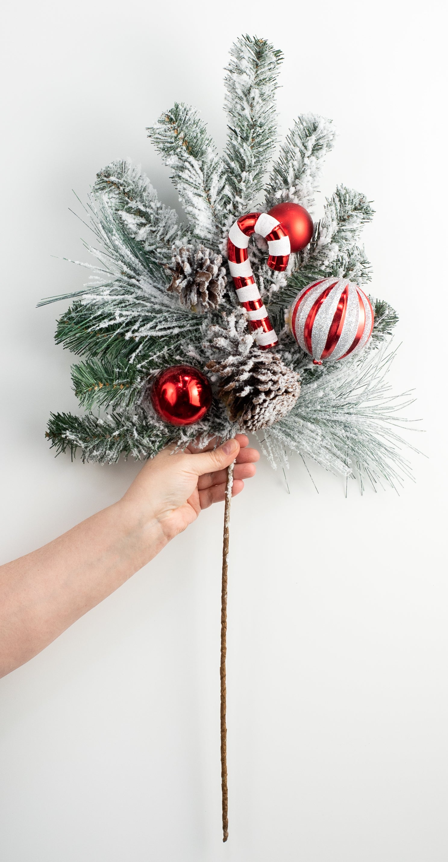 [IRREGULAR] 30" Flocked Pine, Candy Cane & Ornament Spray