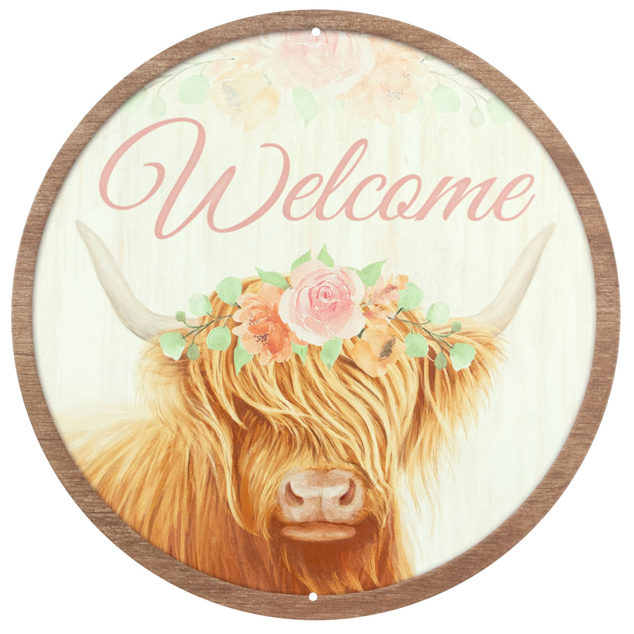 12" Metal Sign: Welcome Highland Cow