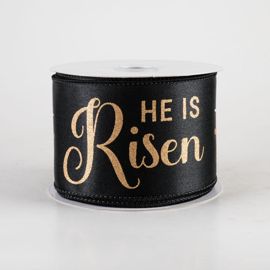 2.5" Glittered He is Risen Ribbon: Black (10 Yards)