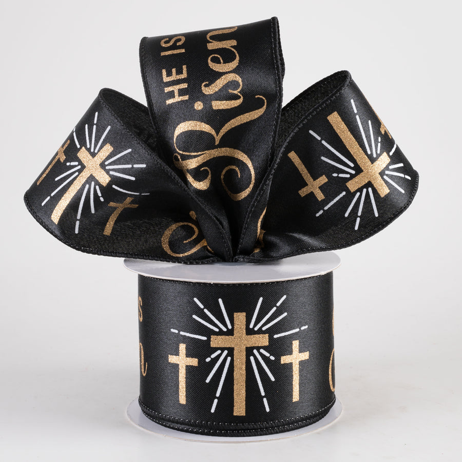 2.5" Glittered He is Risen Ribbon: Black (10 Yards)
