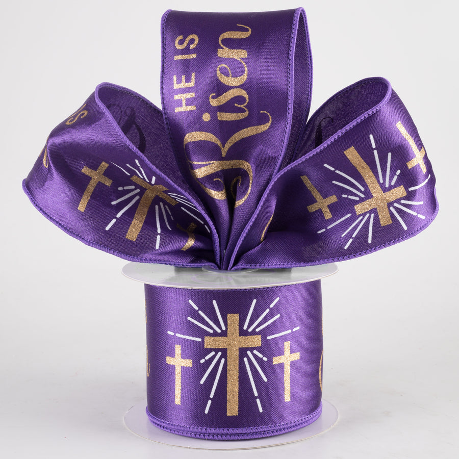 2.5" Glittered He is Risen Ribbon: Purple (10 Yards)