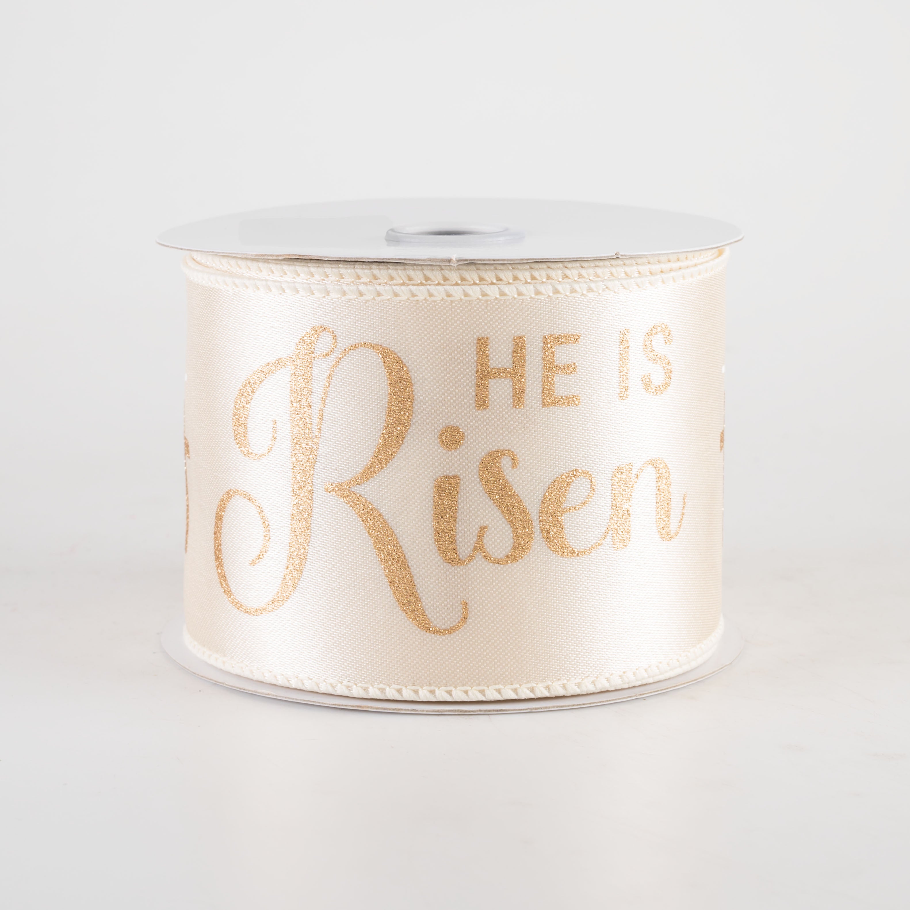2.5" Glittered He is Risen Ribbon: Ivory (10 Yards)