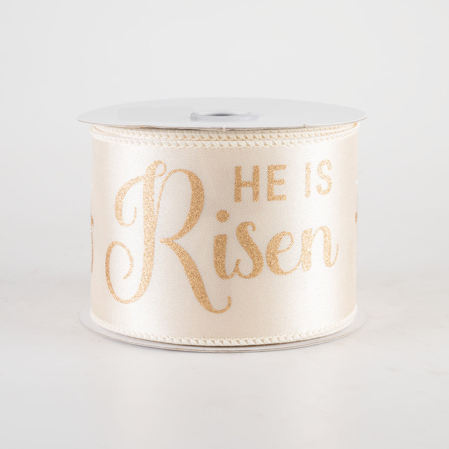 2.5" Glittered He is Risen Ribbon: Ivory (10 Yards)