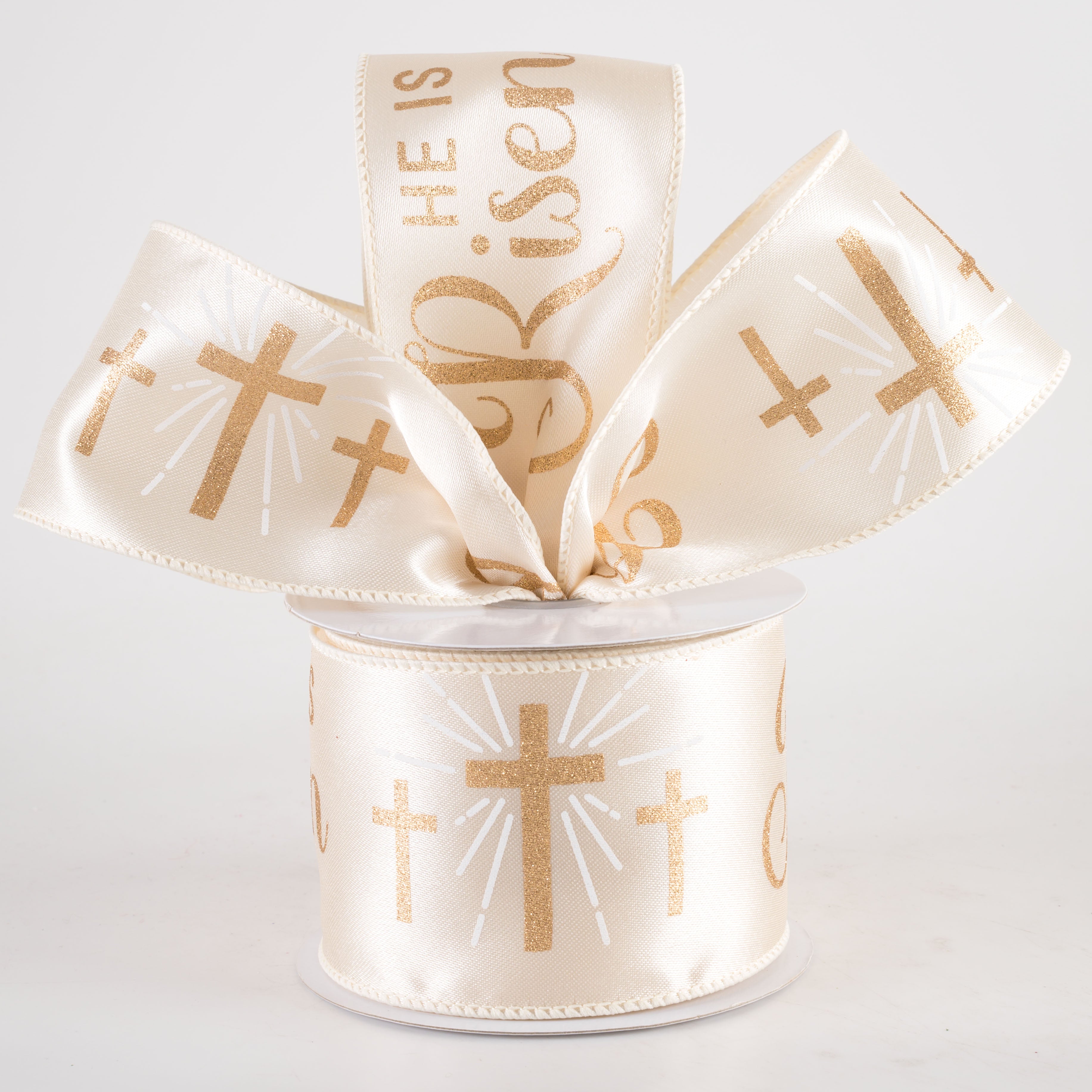 2.5" Glittered He is Risen Ribbon: Ivory (10 Yards)