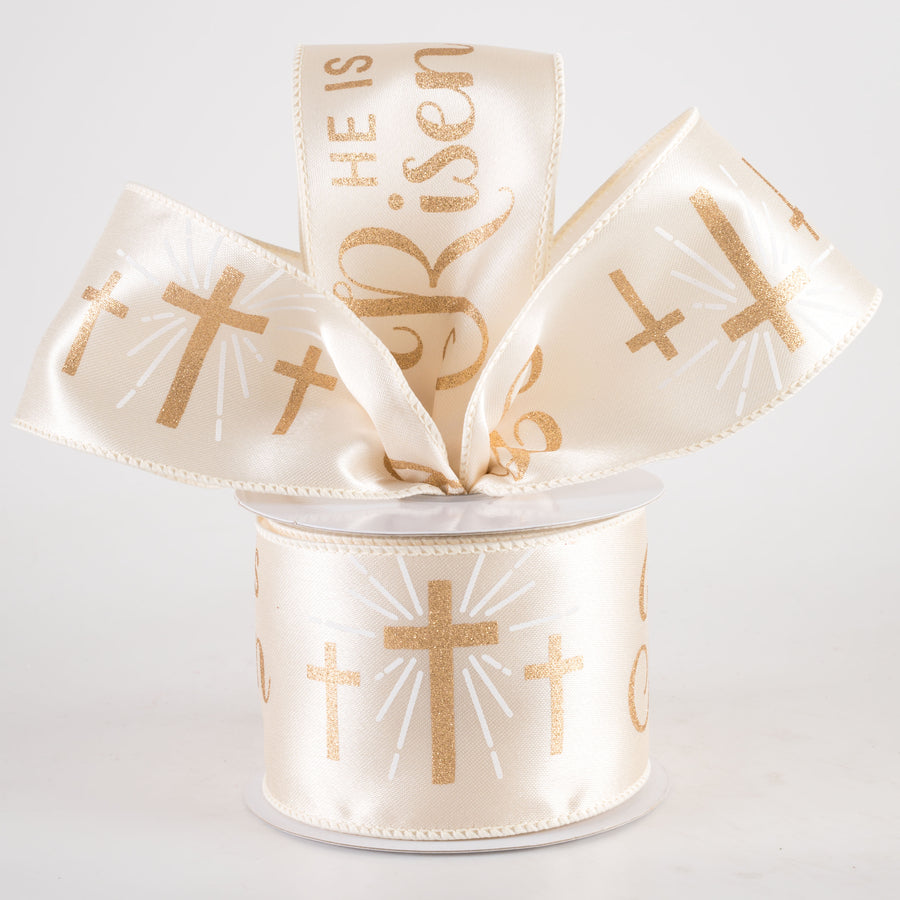 2.5" Glittered He is Risen Ribbon: Ivory (10 Yards)