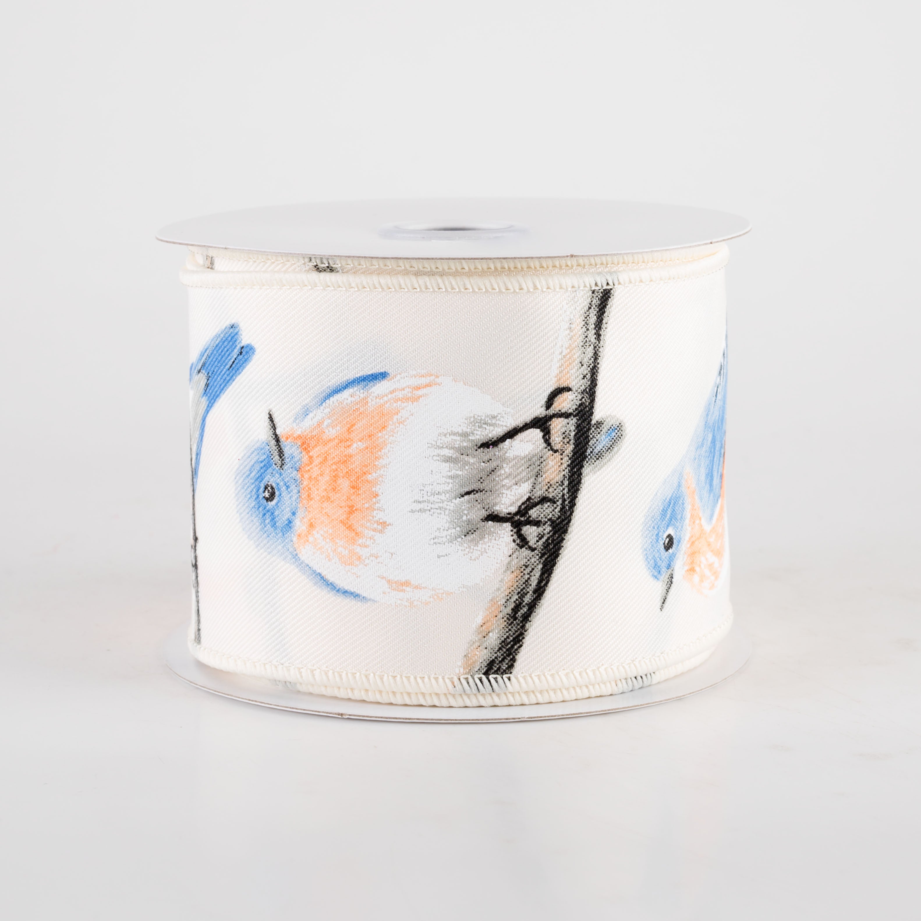 2.5" Chubby Blue & Orange Birds Ribbon: Ivory (10 Yards)