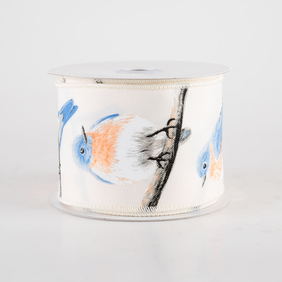 2.5" Chubby Blue & Orange Birds Ribbon: Ivory (10 Yards)