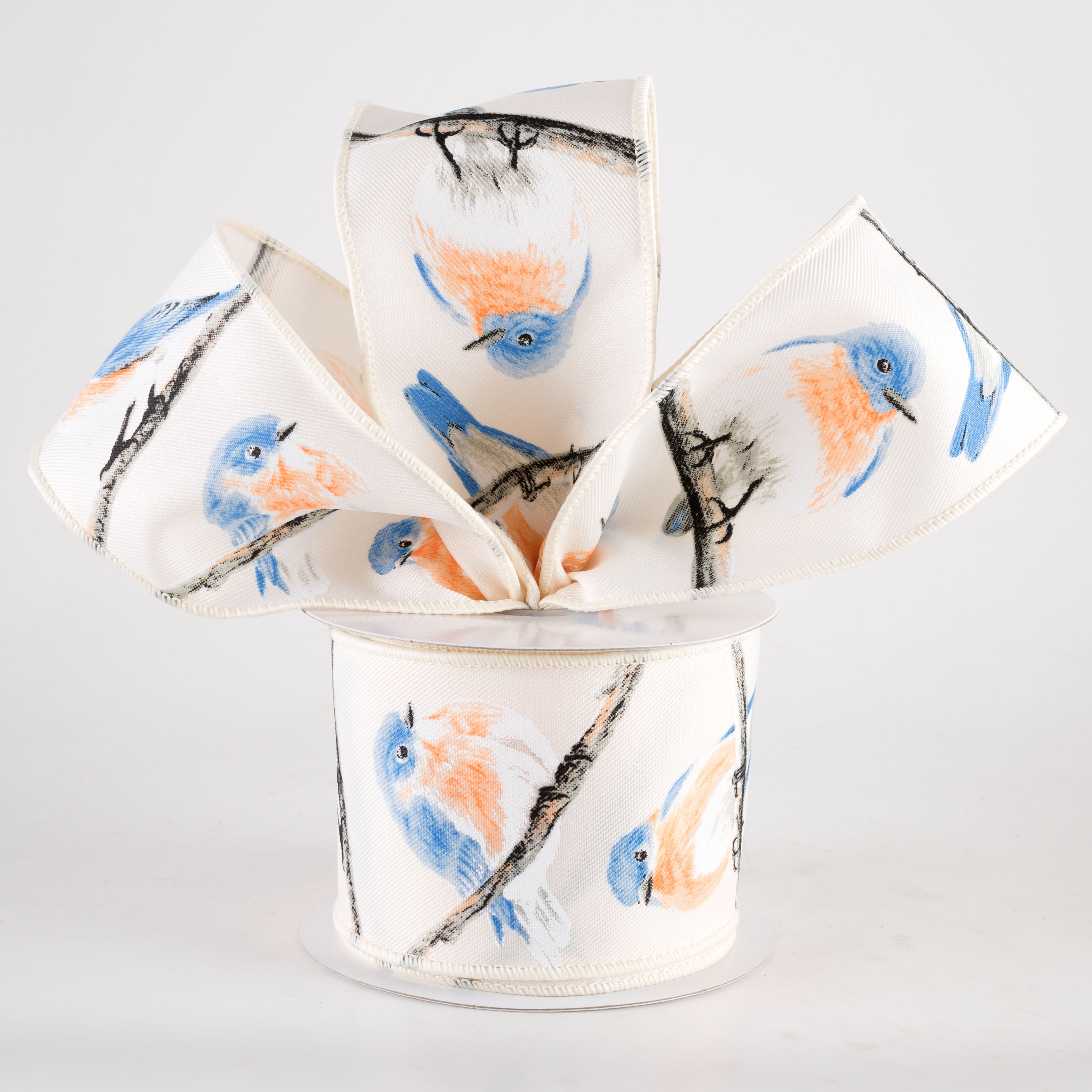 2.5" Chubby Blue & Orange Birds Ribbon: Ivory (10 Yards)