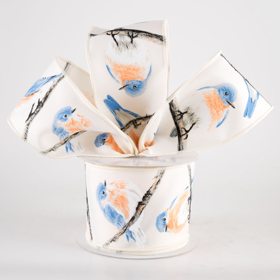 2.5" Chubby Blue & Orange Birds Ribbon: Ivory (10 Yards)