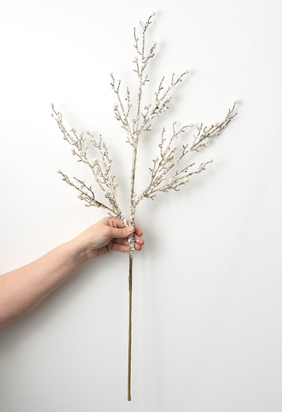 33" Iced Pearl Glitter Twig Spray