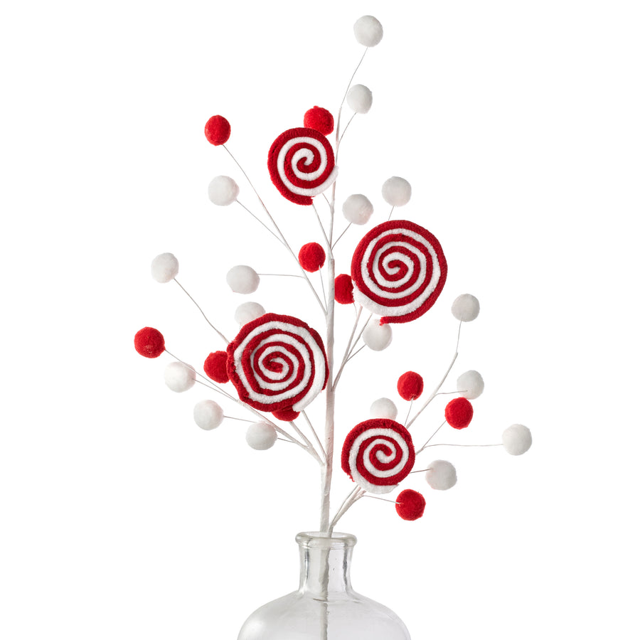 24" Chenille Lollipop & Ball Spray: Red & White