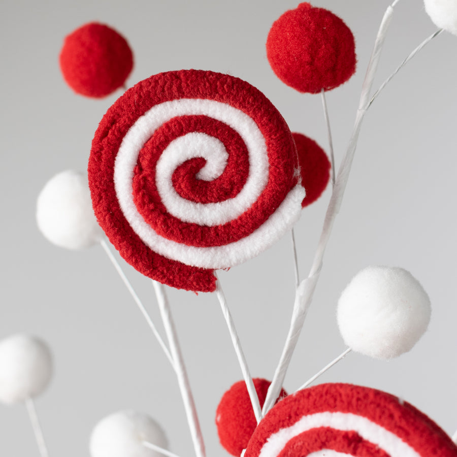 24" Chenille Lollipop & Ball Spray: Red & White