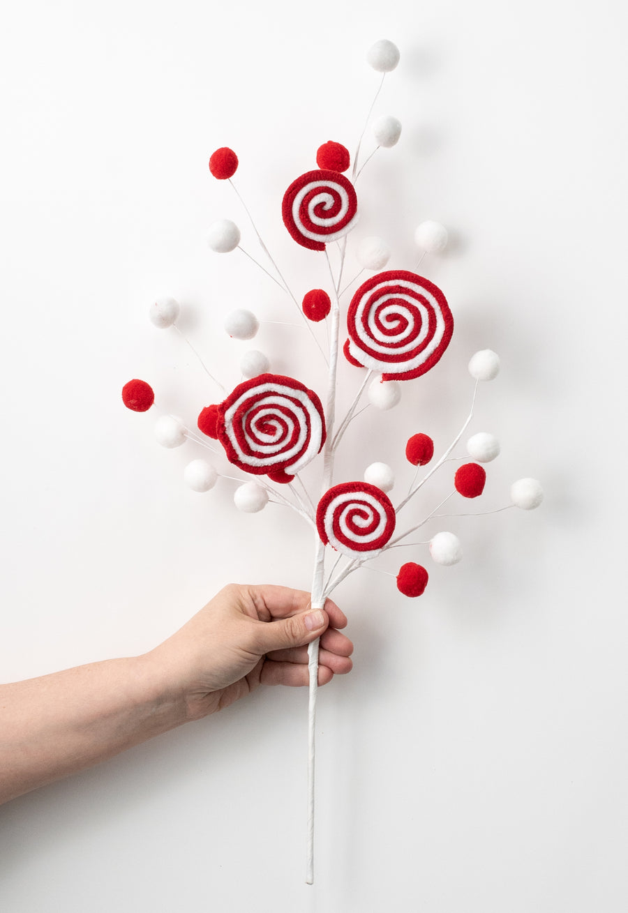 24" Chenille Lollipop & Ball Spray: Red & White