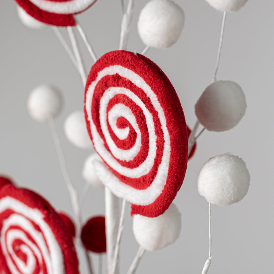 24" Chenille Lollipop & Ball Spray: Red & White