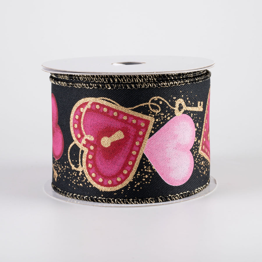 2.5" Heart Locks Ribbon: Black (10 Yards)
