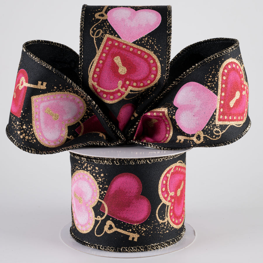 2.5" Heart Locks Ribbon: Black (10 Yards)