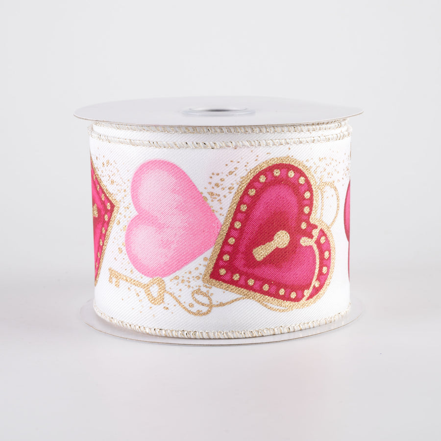 2.5" Heart Locks Ribbon: White (10 Yards)