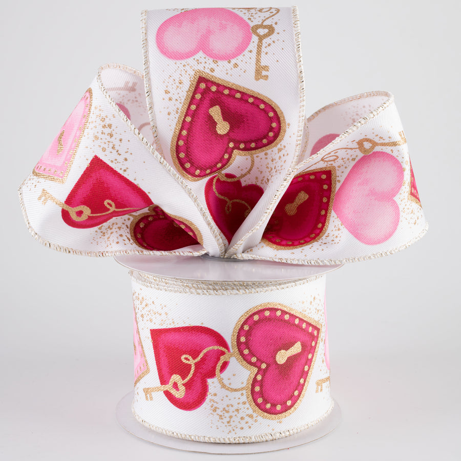2.5" Heart Locks Ribbon: White (10 Yards)