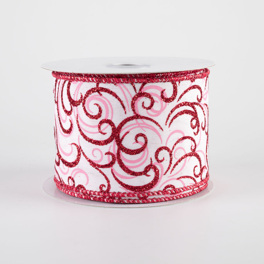 2.5" Glittered Multi Swirls Ribbon: Red & Pink on White (10 Yards)