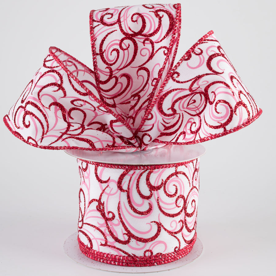 2.5" Glittered Multi Swirls Ribbon: Red & Pink on White (10 Yards)