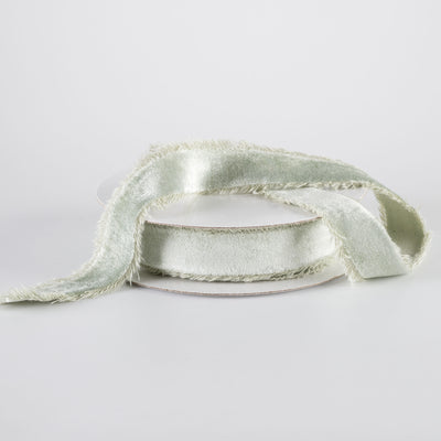 1" Frayed Edge Unwired Velvet Ribbon: Eucalyptus Green (10 Yards)