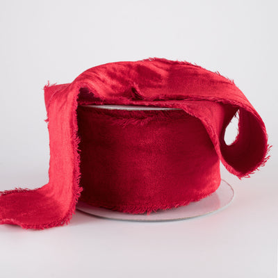 2.5" Frayed Edge Unwired Velvet Ribbon: Red (10 Yards)