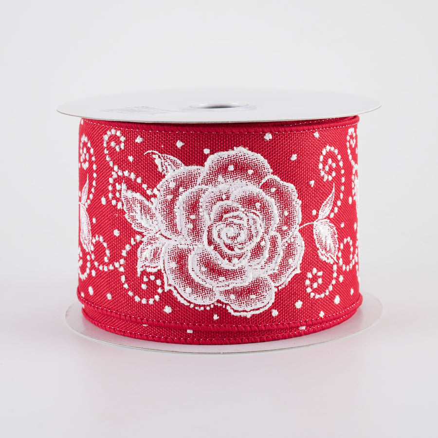 2.5" Raised Print Roses Ribbon: White on Red (10 Yards)